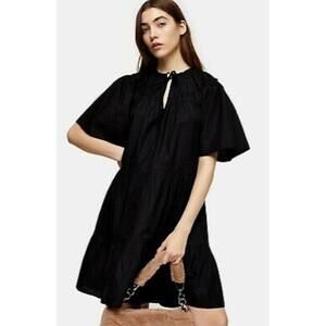 Topshop Women Smocked Poplin Babydoll Mini Dress Tiered Ruffles Black size US 12